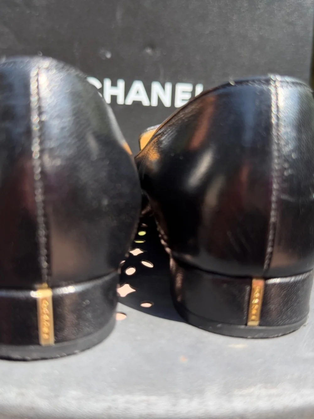 Chanel black leather square toe loafers with gold buckle size 35